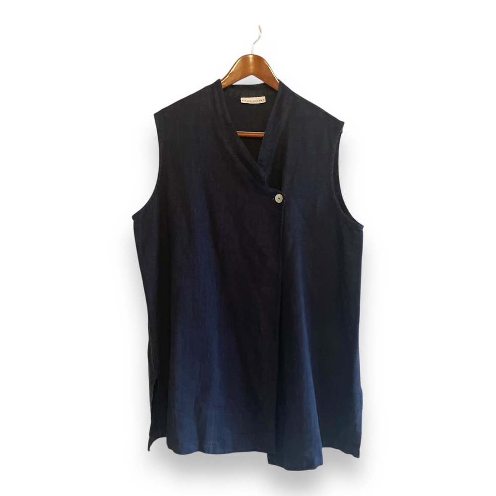 Bryn Walker Navy Blue 100% Linen Wrap Front Button Sleeveless Tunic Top L USA